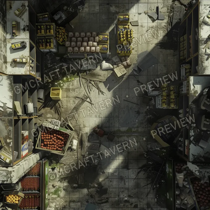 Supermarket With Destroyed Thing battlemap preview