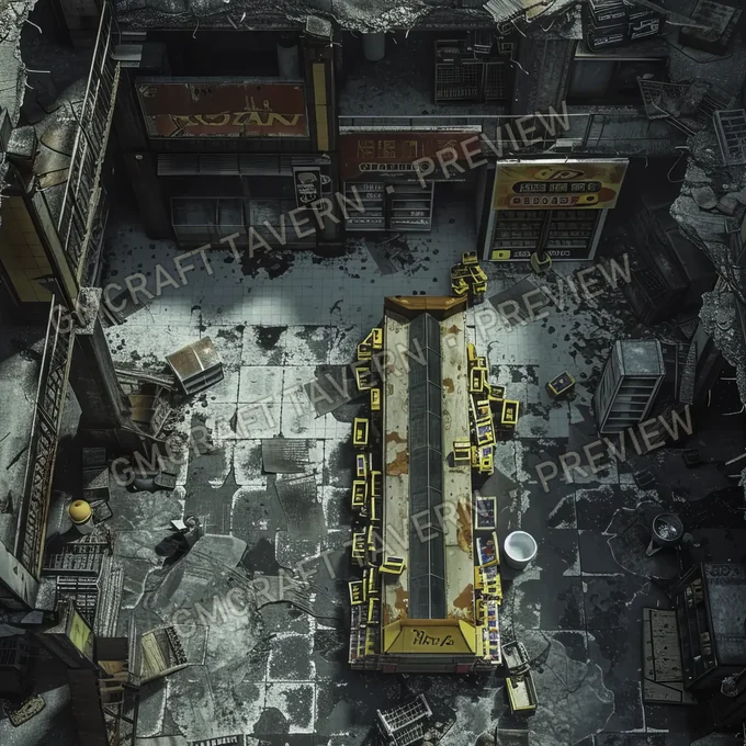 Supermarket With Destroyed Thing battlemap preview