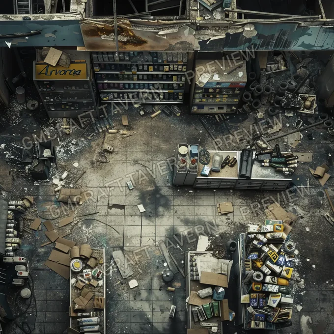 Supermarket With Destroyed Thing battlemap preview
