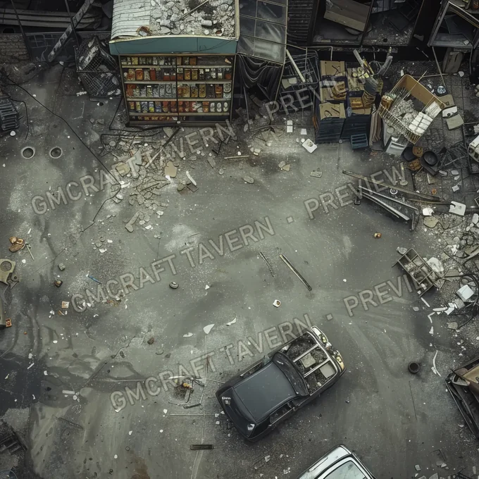 Supermarket With Destroyed Thing battlemap preview