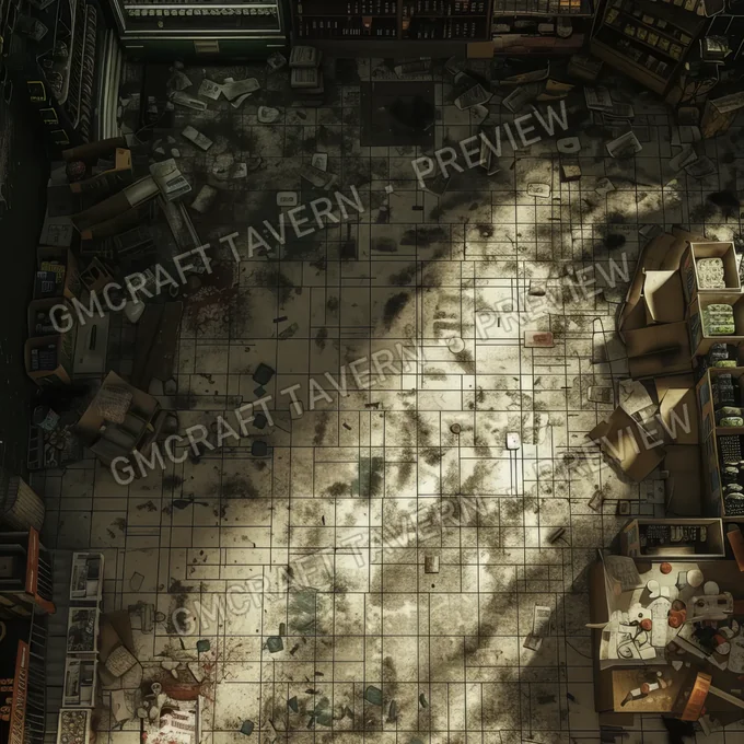 Supermarket With Destroyed Thing battlemap preview