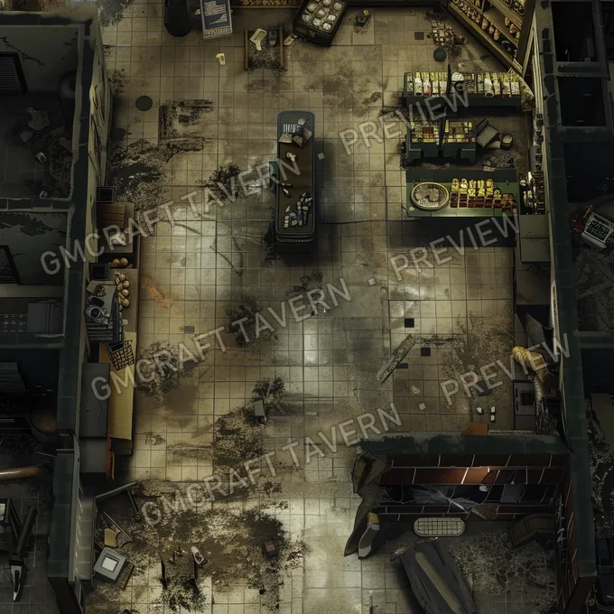 Supermarket With Destroyed Thing battlemap preview