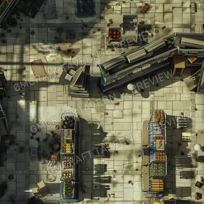 Supermarket With Destroyed Thing battlemap preview