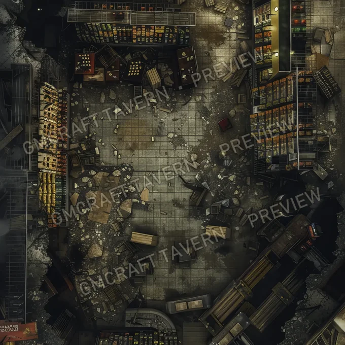 Supermarket With Destroyed Thing battlemap preview