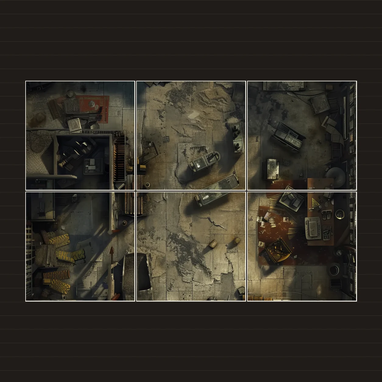 Illustration of a battlemap arranged on six printed sheets on a tabletop