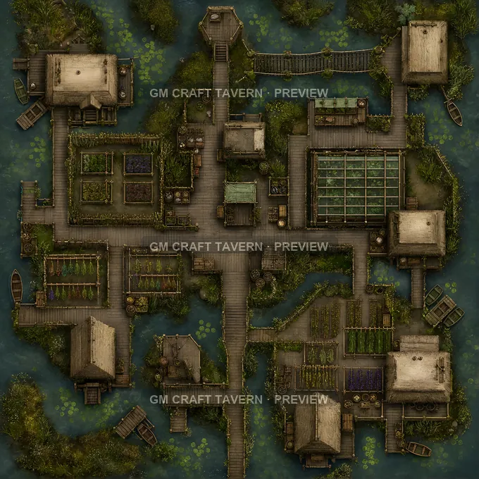 Herbalist Marsh Village With Drying Pens And Herb Lanes battlemap preview