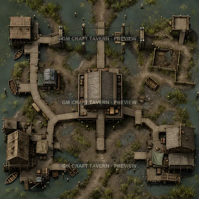Mudflats Customs Post With Raised Storehouse And Chain Gate battlemap preview