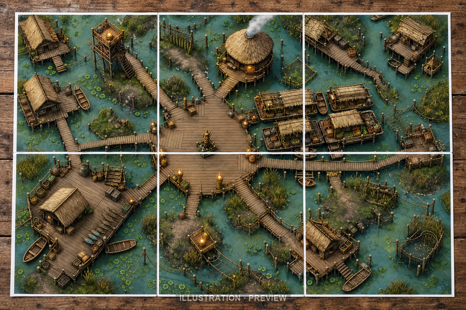 Illustration of a battlemap arranged on six printed sheets on a tabletop
