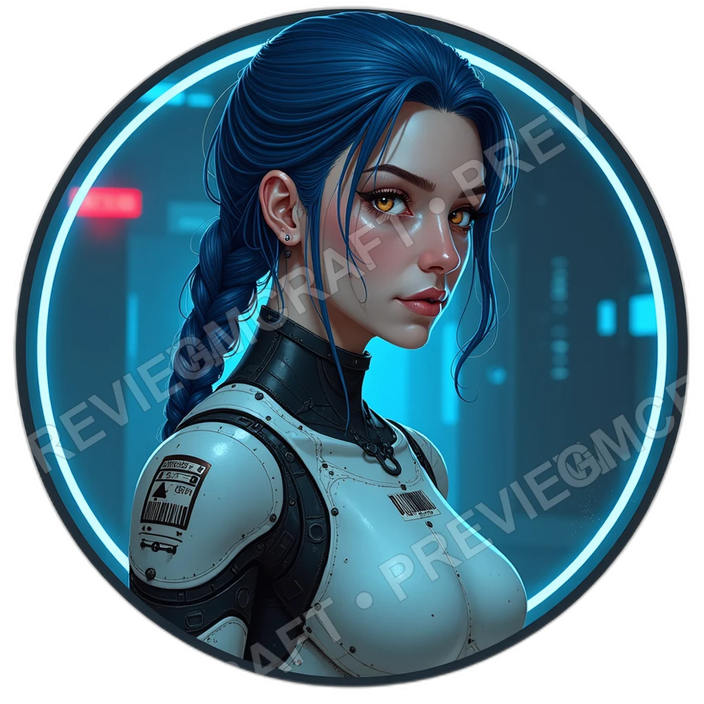 Synthetic Courier Model, Appears Female, Translucent Dermis, Adaptive Facial Matrix, Barcode Collar Stamp, Servo Whirr, Synths, ,Older Adult Age,1.8,, 0001 top-down token preview