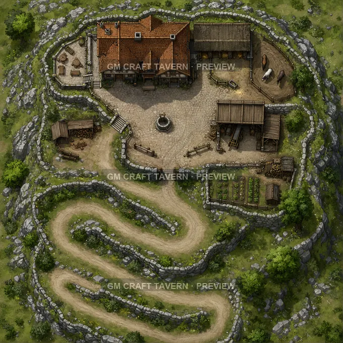 Hilltop Coaching Inn With Switchback Entry Road battlemap preview
