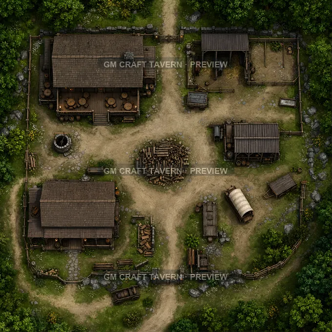 Forest Waystation Inn With Woodpile Court battlemap preview