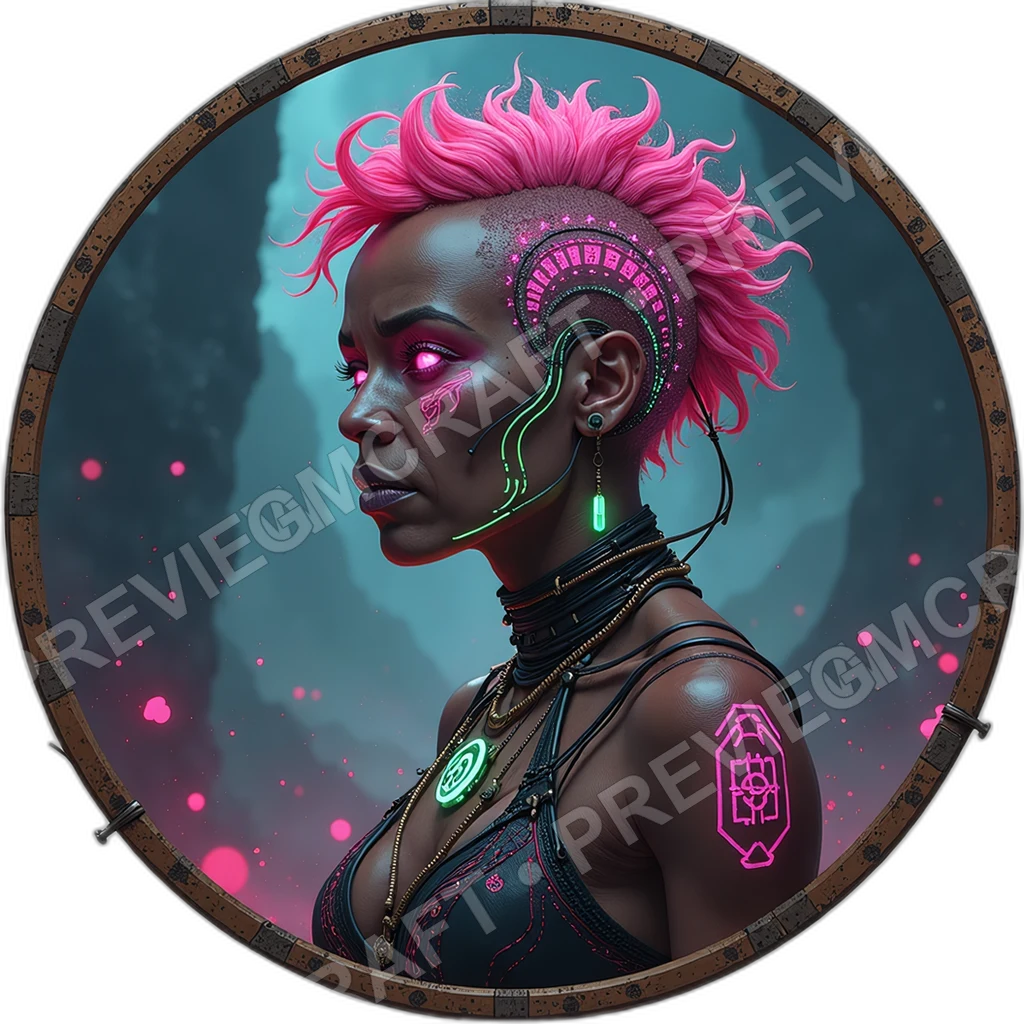 Bioluminescent Shaman, Female, Tribal Circuit Implants, Skull Woven Fiber Optics, Chanting Vocal Modulator, Ritual Data Sigils, Cults Techno Shamans, 0002 top-down token preview