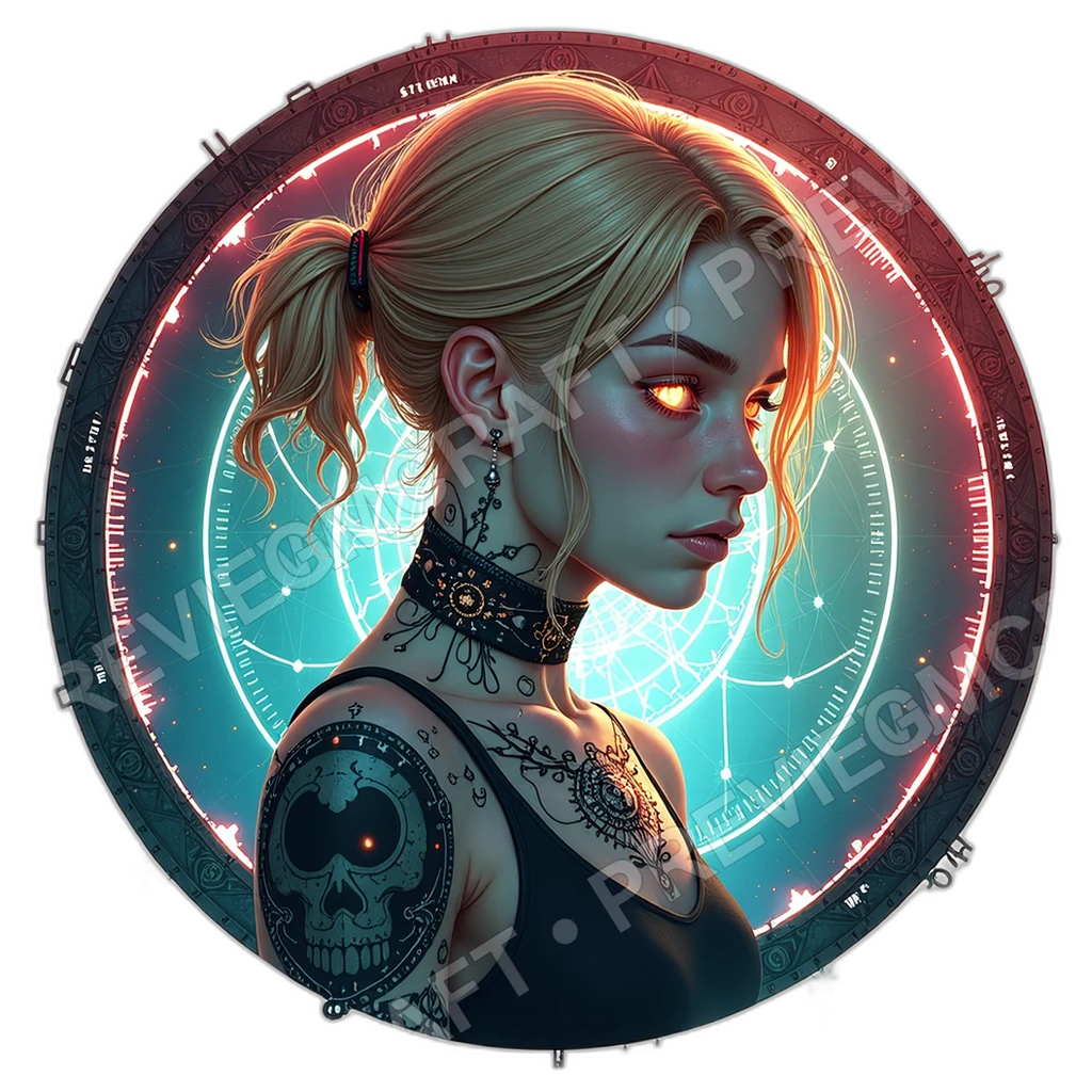 Bioluminescent Shaman, Tribal Circuit Implants, Skull Woven Fiber Optics, Chanting Vocal Modulator, Ritual Data Sigils, Cults Techno Shamans, ,Young A 0001 top-down token preview