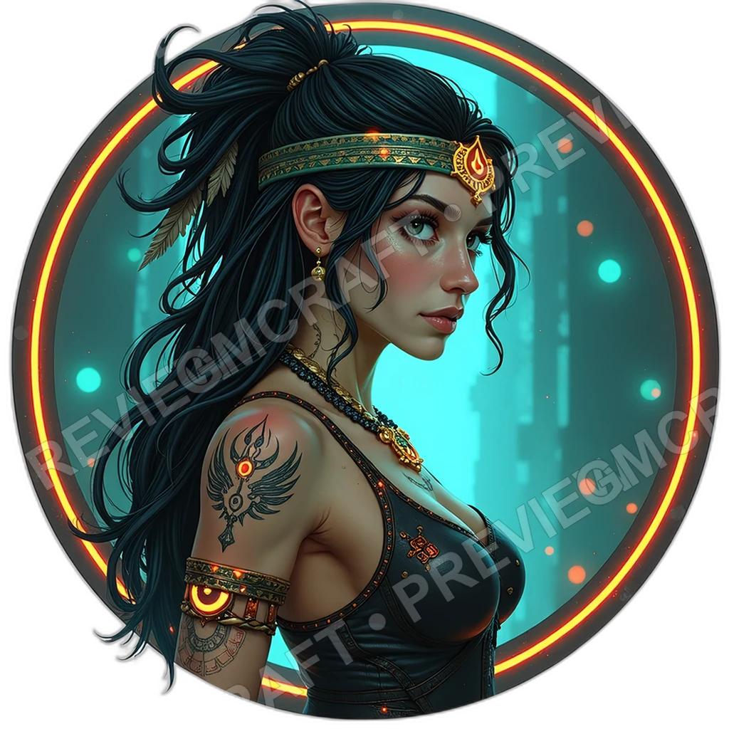 Fiber Crown Oracle, Female, Biolume Filament Headdress, Chanting Resonator Throat, Palm Sigil Etchings, Cults Techno Shamans, ,,1.8,, ,Athlet 0001 top-down token preview