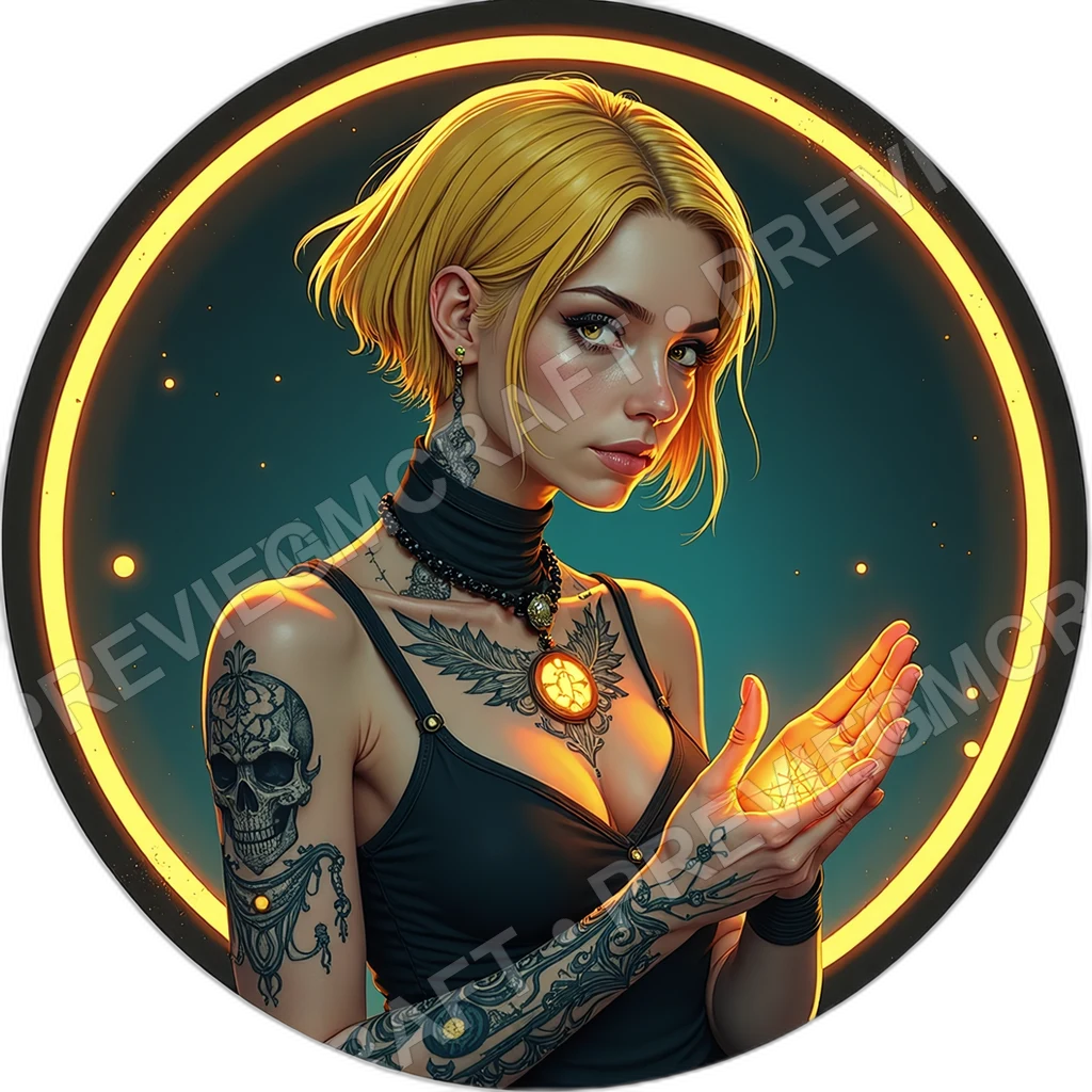 Signal Seer, Female, Filament Crown, Chanting Resonator Throat, Palm Sigil Burns, Cults Techno Shamans, ,Senior Age Old Person,1.8,, ,Slim Build,1.8,, 0001 top-down token preview
