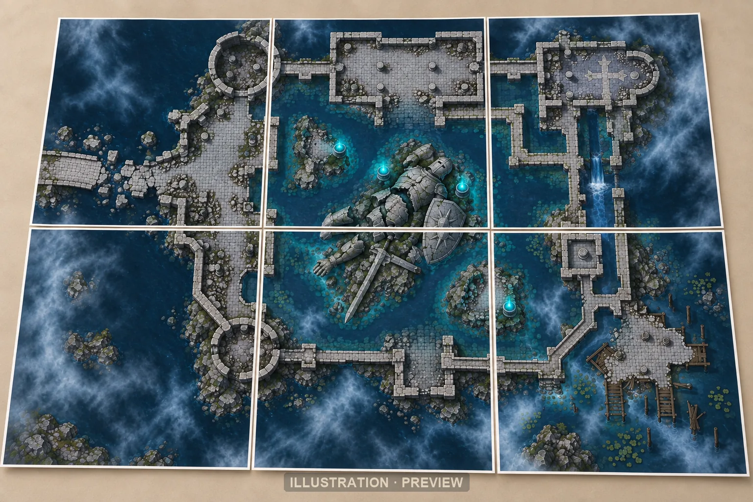 Illustration of a battlemap arranged on six printed sheets on a tabletop