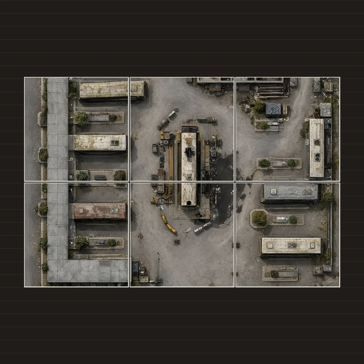 Illustration of a battlemap arranged on six printed sheets on a tabletop