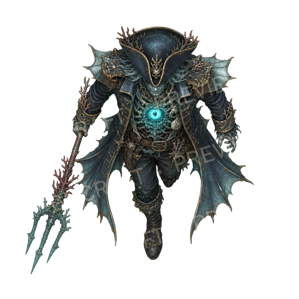 Deepwater Captain Trident Undead Pirate top-down token preview