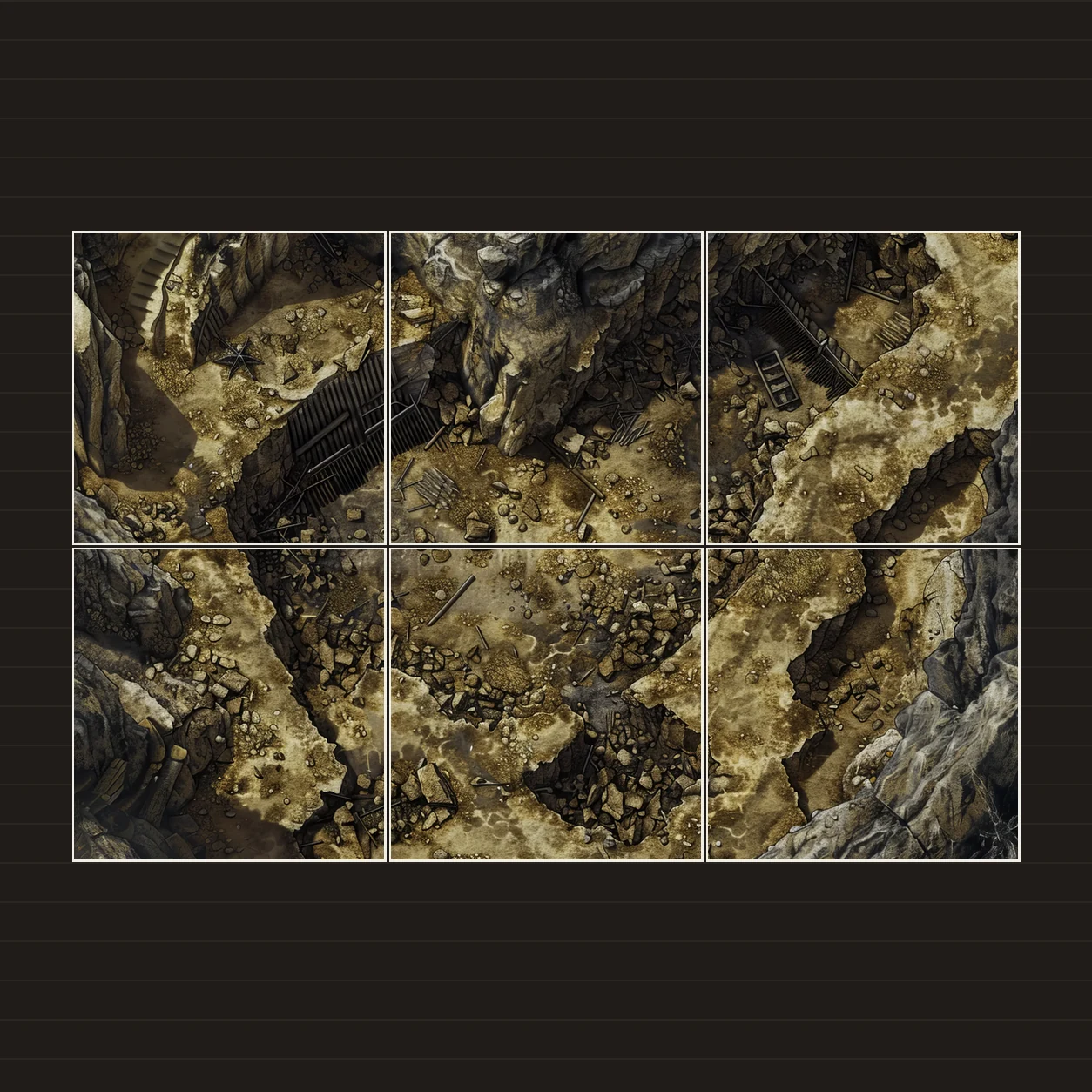 Illustration of a battlemap arranged on six printed sheets on a tabletop