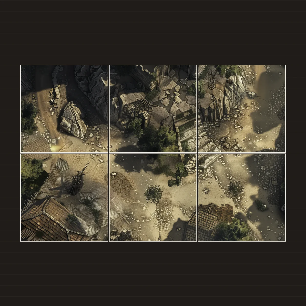 Illustration of a battlemap arranged on six printed sheets on a tabletop