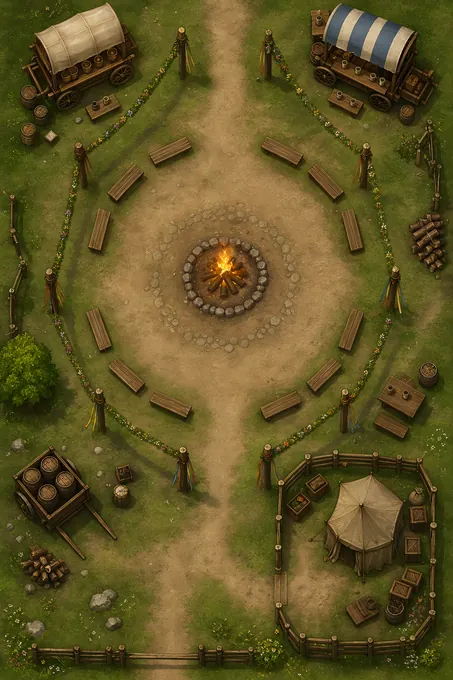 Midsummer Bonfire Field With Dance Circle And Ale Carts battlemap preview