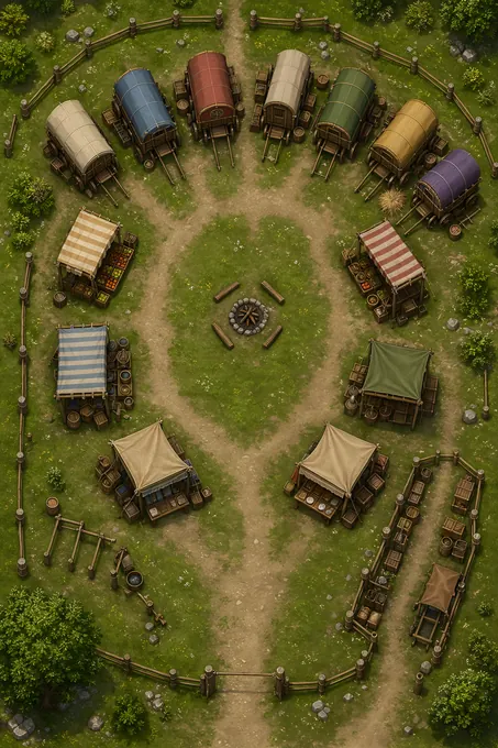 Traders Green With Wagon Semicircle And Covered Bargaining Stalls battlemap preview