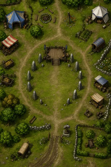 Village Moot Field With Speaker Platform And Oath Stones battlemap preview