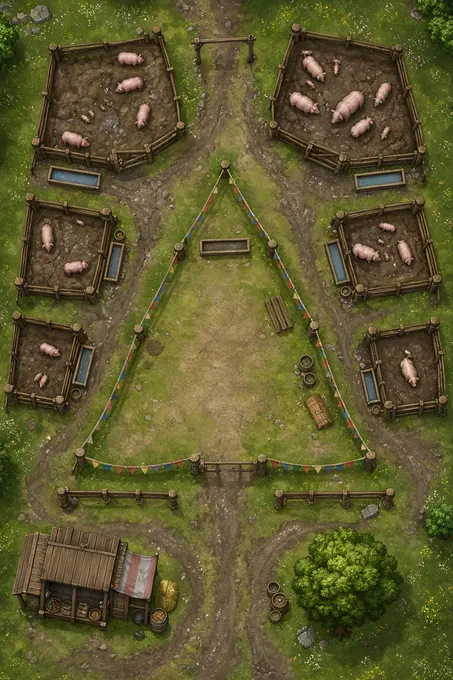 Livestock Fair Triangle With Pig Pens And Wash Troughs battlemap preview