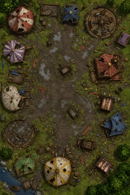 Tempest Damaged Fairground With Torn Tents And Muddy Lanes battlemap preview