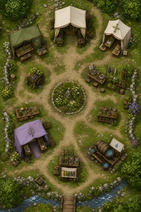 Healers Fair Lawn With Herb Booths And Water Cart Station battlemap preview