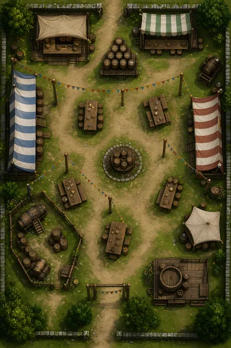 Brew Fair Yard With Barrel Stacks And Tasting Tables battlemap preview