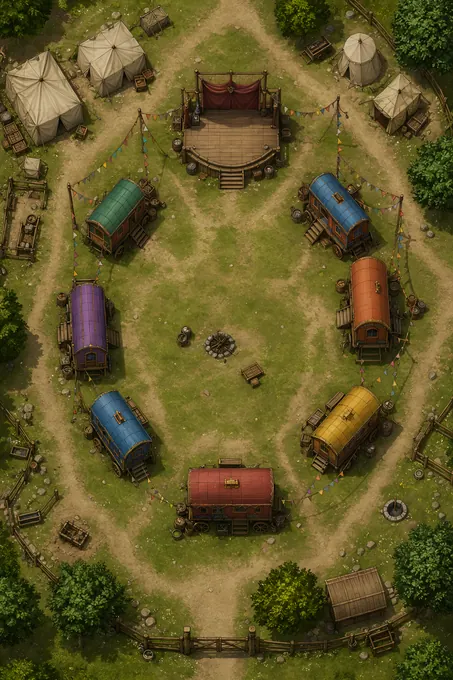 Traveling Players Fairground With Stage Wagons And Backstage Tents battlemap preview