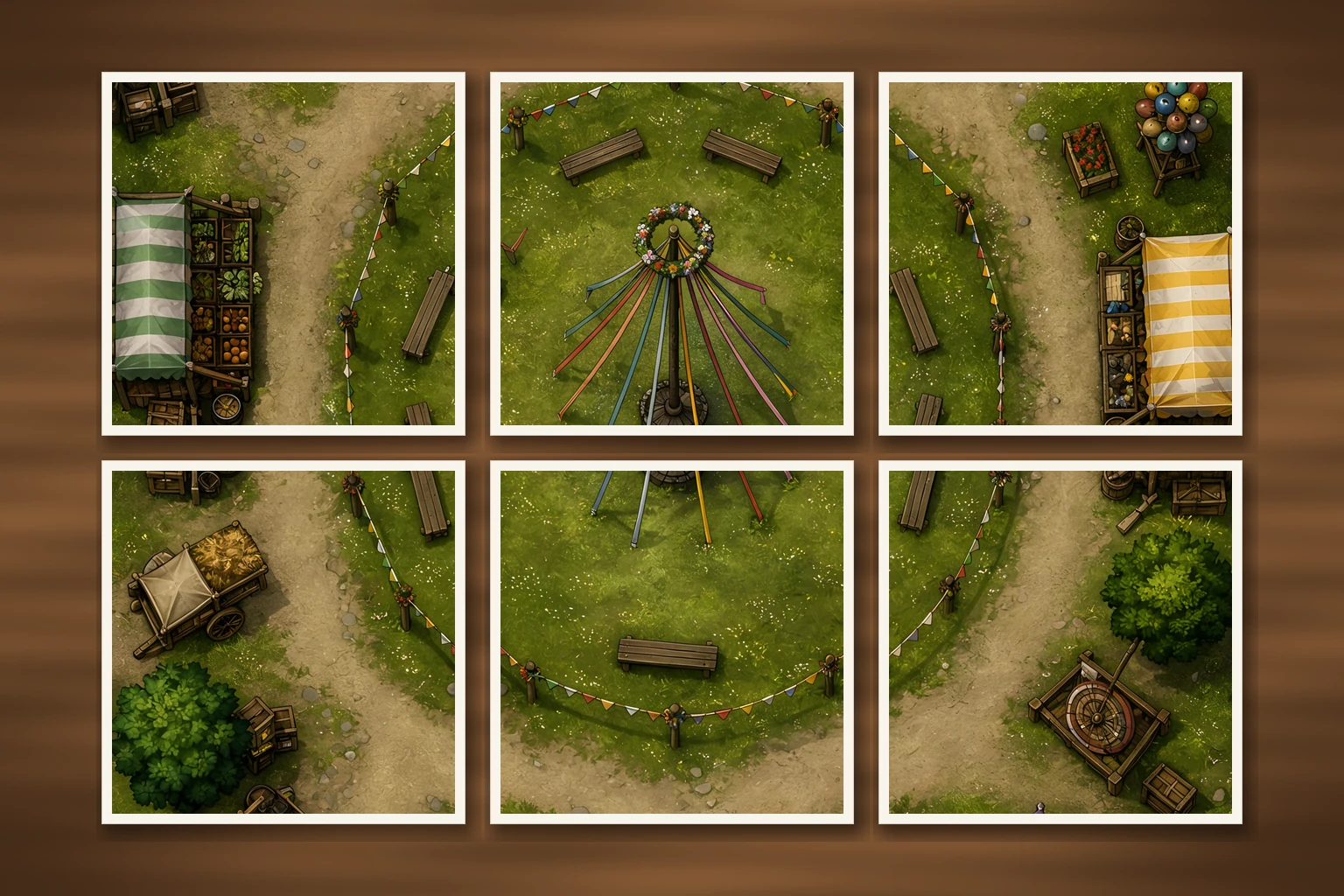 Illustration of a battlemap arranged on six printed sheets on a tabletop