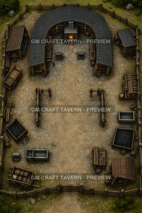 Horseshoe Forge Court With Hitching Posts And Coal Bins battlemap preview