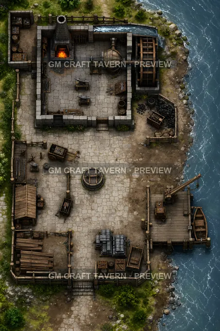 Riverside Forge Court With Waterwheel Blower And Loading Dock battlemap preview