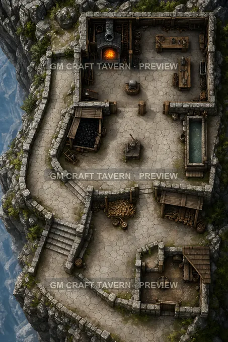 Mountain Hamlet Smithy Terrace With Stone Ramps And Charcoal Shed battlemap preview