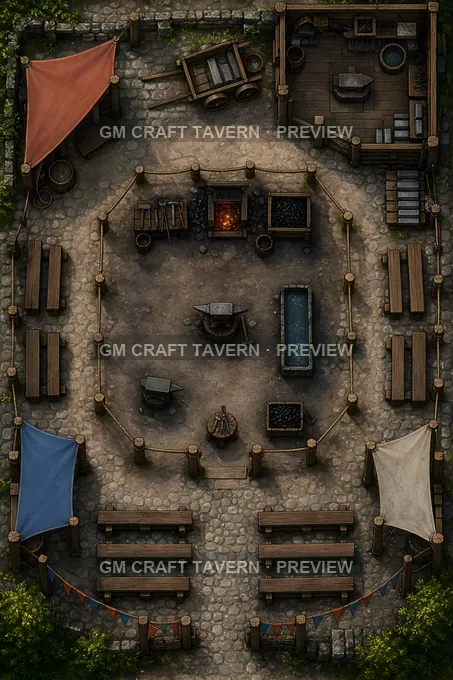 Festival Forge Demonstration Yard With Safe Rope Rails And Viewing Benches battlemap preview