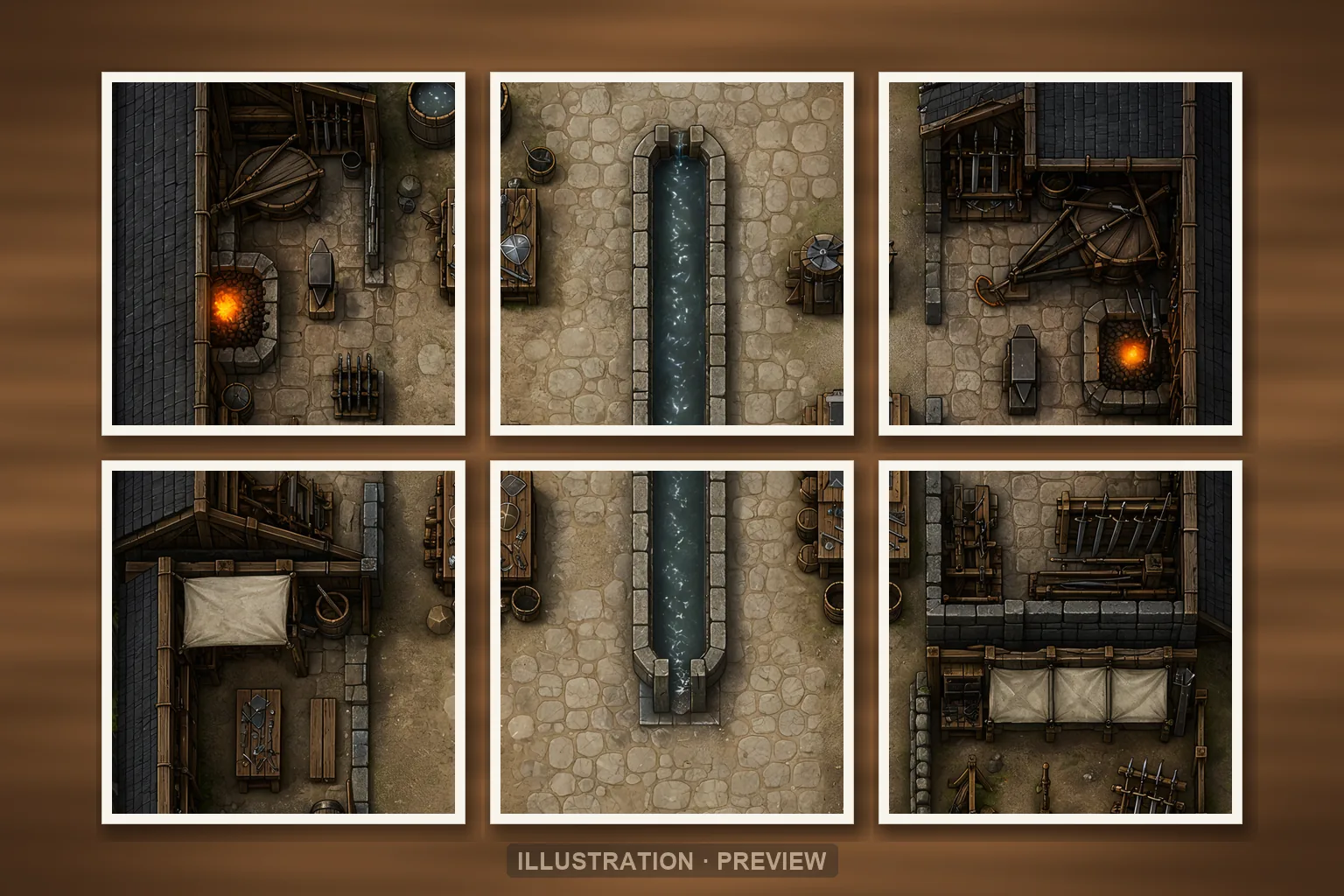 Illustration of a battlemap arranged on six printed sheets on a tabletop
