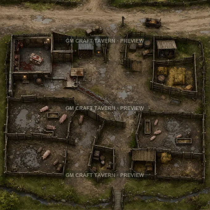 Muddy Pig Yards Behind A Roadside Butcher battlemap preview