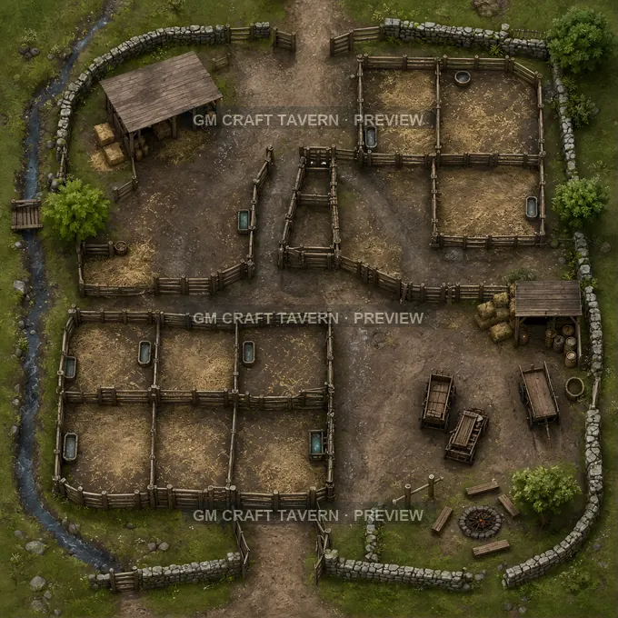 Drovers Rest Corner With Small Sale Paddocks battlemap preview
