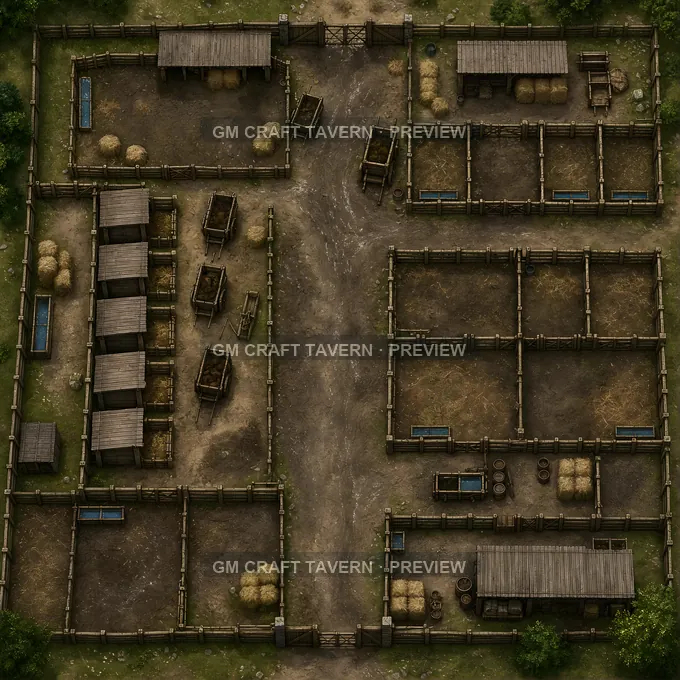 Calf Shelter Rows Beside Manure Carts battlemap preview