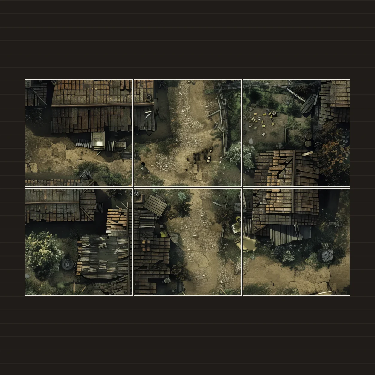 Illustration d’une battlemap disposée sur six feuilles imprimées sur une table