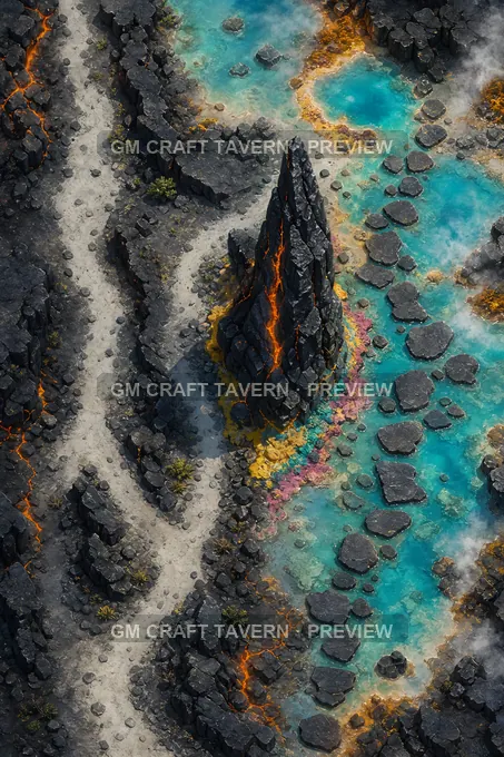 Aperçu de la battlemap Champs volcaniques et sources chaudes — approche dégagée