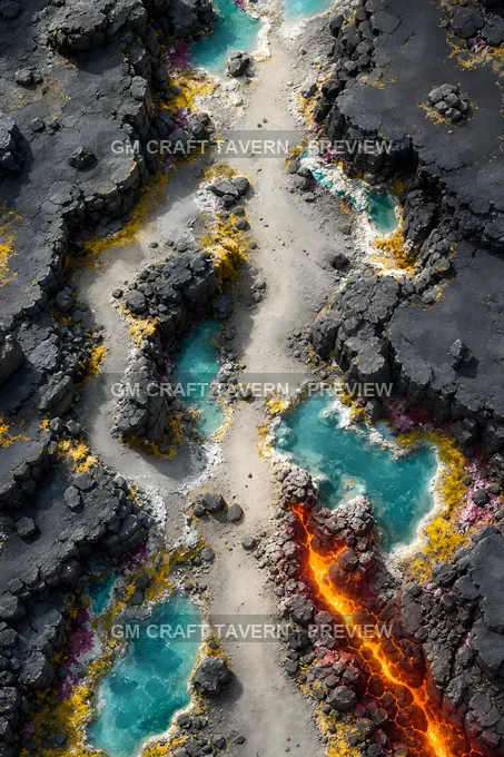 Aperçu de la battlemap Champs volcaniques et sources chaudes — passage étroit rocheux