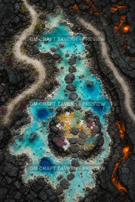 Aperçu de la battlemap Champs volcaniques et sources chaudes — sentier au bord de l’eau