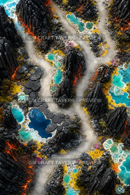 Aperçu de la battlemap Champs volcaniques et sources chaudes — itinéraire sinueux