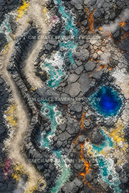 Aperçu de la battlemap Champs volcaniques et sources chaudes — sentier endommagé par la tempête
