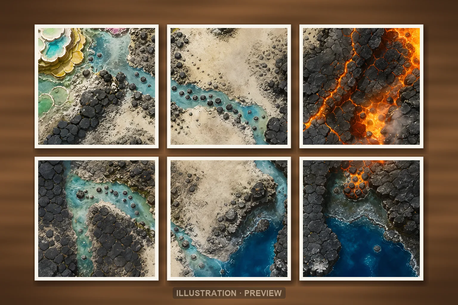 Illustration d’une battlemap disposée sur six feuilles imprimées sur une table