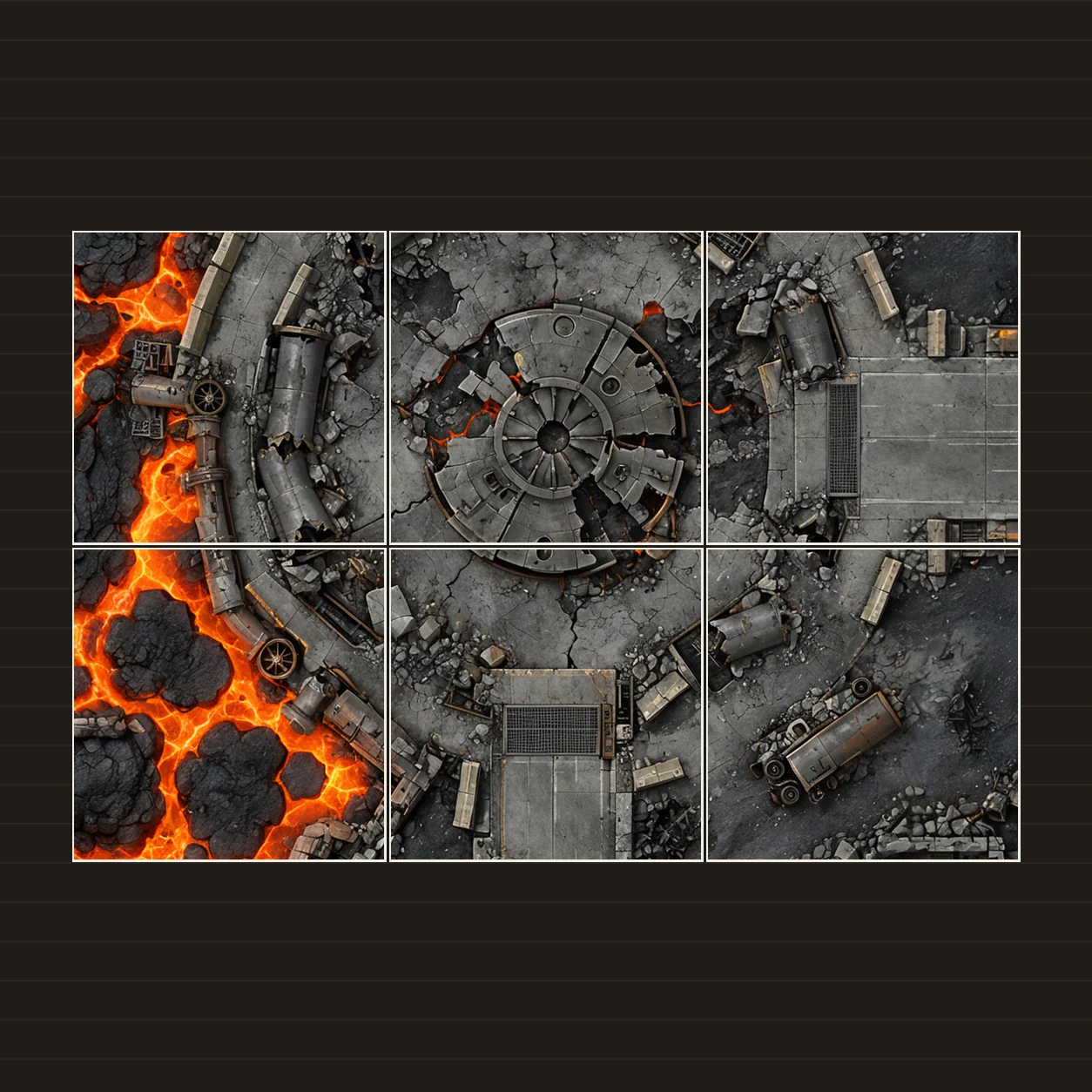 Illustration d’une battlemap disposée sur six feuilles imprimées sur une table
