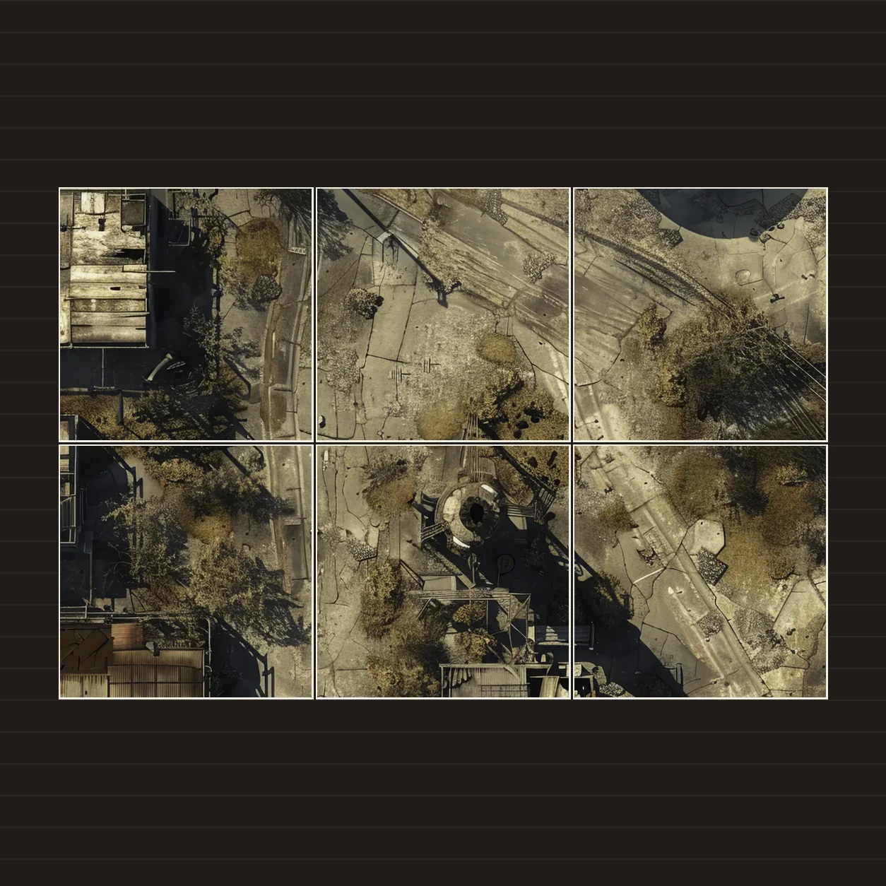 Illustration d’une battlemap disposée sur six feuilles imprimées sur une table